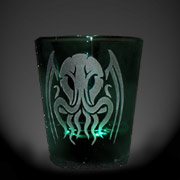 Etched green shot glass of this tribal Cthulhu tattoo design