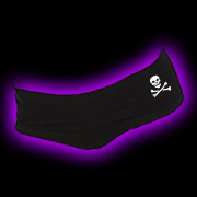 A brutally sexy black hot short with an off-center skull and crossbones