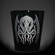 Etched black shot glass of this tribal Cthulhu tattoo design