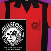 Miskatonic Cocktail Club on stylish red and black retro bowling shirt